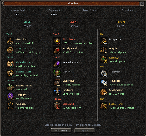 The Bloodline window, showing account level, experience,
                    points to spend and Extra Lives above a talent tree split
                    into Legacy, Instinct and Fortune